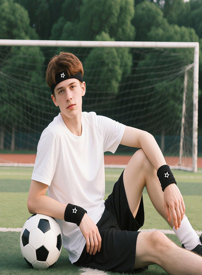 SXoonKing 6Pcs Sweatband Set Sports, Soccer/Basketball Headband and Wristband Set - 2 Headbands and 4 Wristbands, Black & White Terry Cloth Headband Mens Sweat Band for Sports Workout, Sweat-wicking and Elastic - Image 4